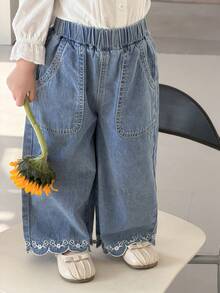 DAZY 女童春夏刺绣休闲宽松阔腿牛仔裤 - 淺色水洗藍 - 查看 6