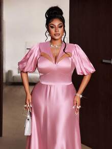 Maweii Sexy Solid Pink V-Neck Hollow Out Bodycon New Year Plus Size Puff Sleeve Dress - Pink - View 1