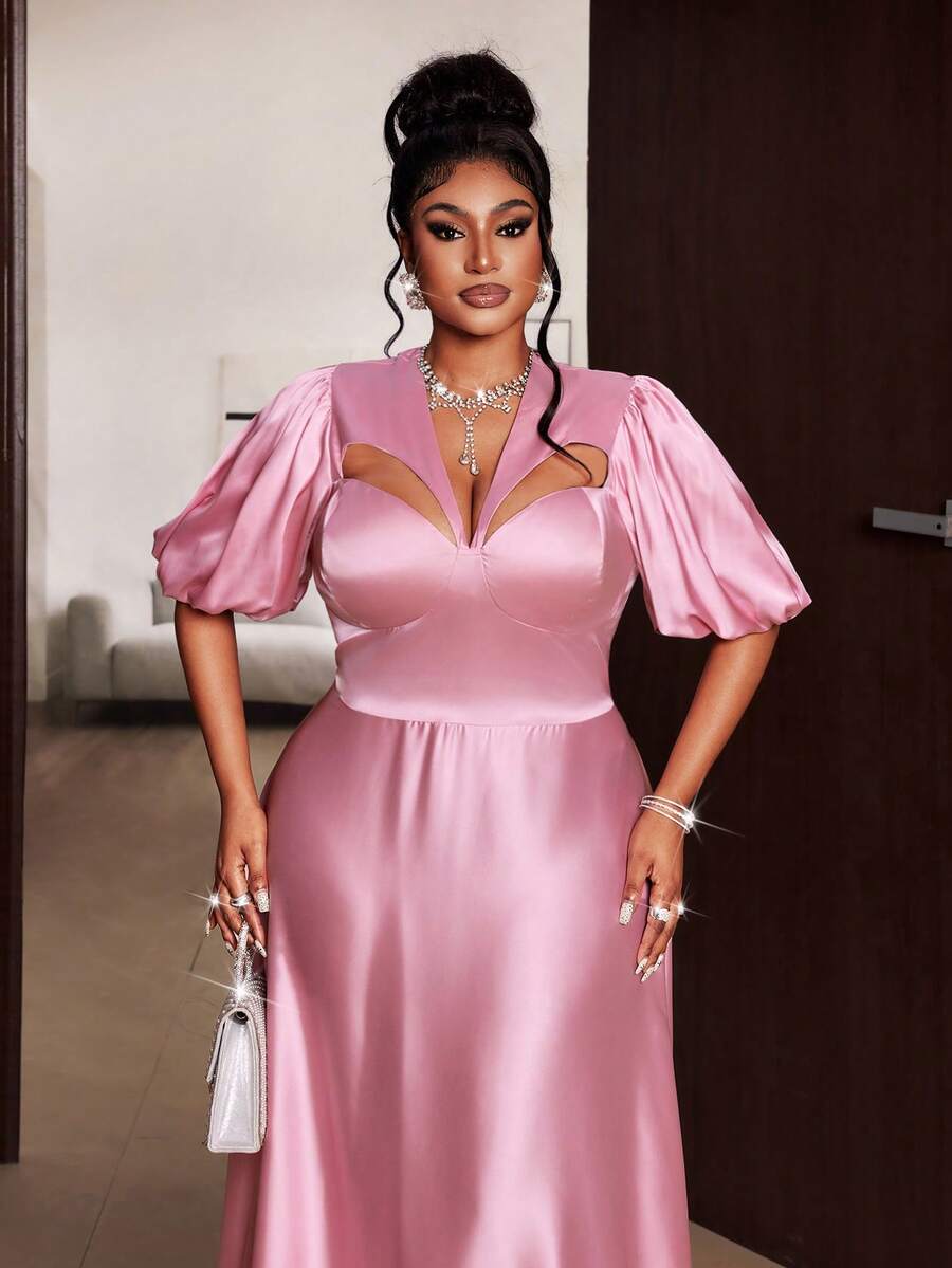 Maweii Sexy Solid Pink V-Neck Hollow Out Bodycon New Year Plus Size Puff Sleeve Dress - Pink - View 1