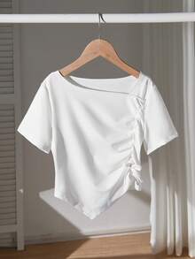 Tween Girls Asymmetric Shoulder T-Shirt - White. The Design And Side Ruching Create A Flattering Silhouette, Exposing The Shoulder And Neck Line While Cinching The Waist. The Asymmetrical Hem Also Subtly Enhances The Waist-To-Hip Ratio. This Basic Tee Can Be Easily Styled With Jeans Or Skirts For A Relaxed Yet Chic Look. - White - View 5