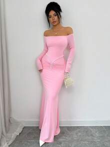 Rafferiza Vestido elegante con hombros descubiertos, vestido rosa, vestido para el Día de San Valentín, vestido con diseño de strass para una cita - Rosa - Ver 3
