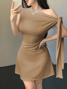 Women's Asymmetric Tie-Up Waist Short Dress - Khaki - View 6