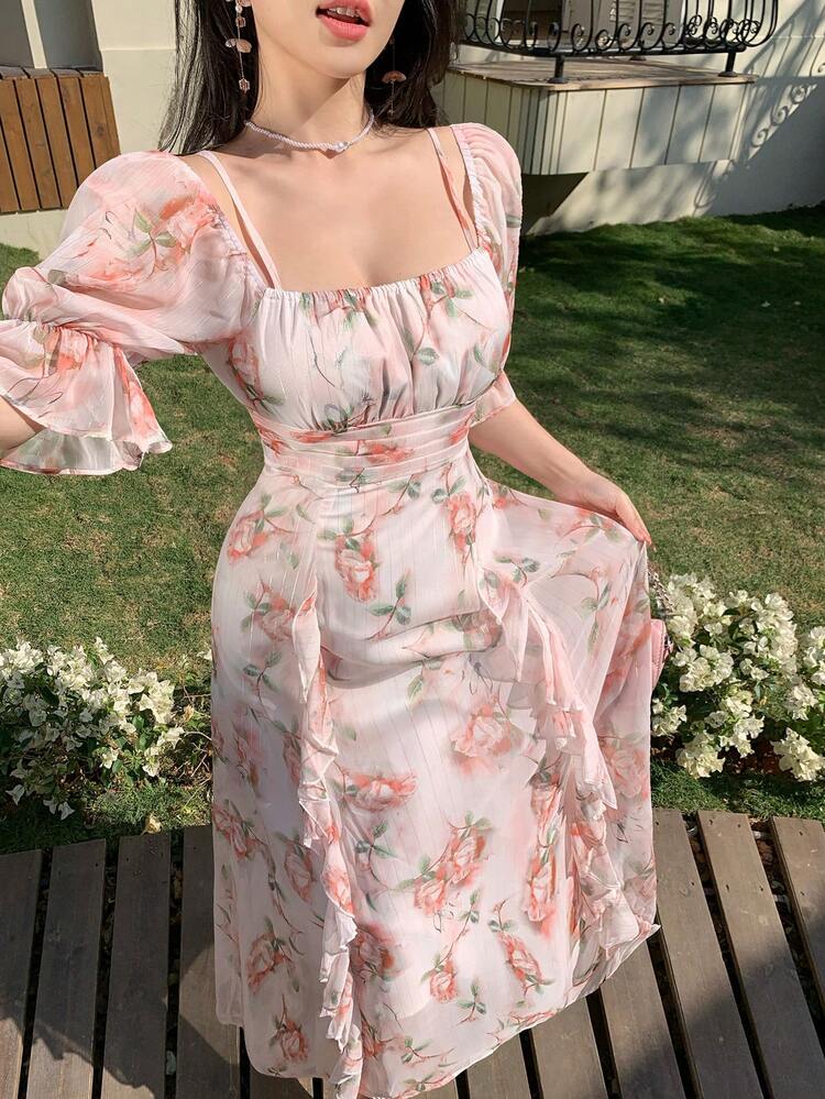 Pink Square Neck Ruffle Waist Elegant Ditsy Floral Midi Dress For Party Wedding Guest Sundress Boho