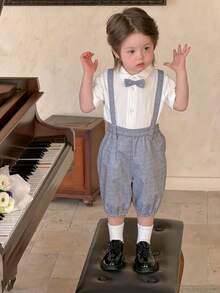 DAZY Toddler Boys' Plaid Collar Suspender Jumpsuit & Solid Color Shirt Set - Grey - View 7