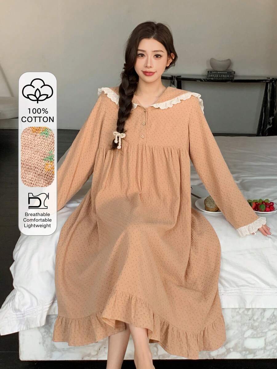 DAZY Sweet Polka Dot Chiffon Fabric Contrast Ruffle Trim Loose Fit Navy Collar Women Nightgown - Khaki - View 1