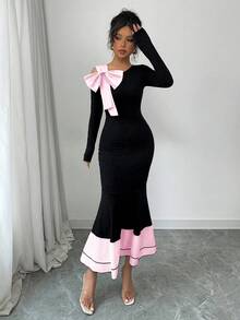 Elenzga Women's Contrast Color Bow Tie Long Sleeve Dress - Pink - View 4