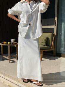 DAZY 刺绣图案宽松翻领长袖衬衫搭配A字长裙，优雅度假风两件套，适合女士春秋季穿着。 - 白色 - 查看 4