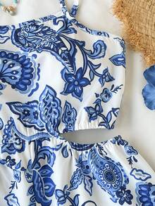 SHEIN ChillGRL Tween Girls' Streecool Woven Printed Camisole Top, Twist Cutout Sleeveless Jumpsuit, Printed Pattern Women's Summer Outfit, Vacation Wear, Boho Chic Fashion, Beach Clothing, Casual Flowy Bohemian, Tropical Attire Suitable For Daily Commute, Leisure, Vacation, Beach, Party - Blue - View 4