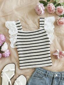 SHEIN 女童休闲可爱蝴蝶印花蕾丝边吊带背心，白色和粉色 - 白色 - 查看 2