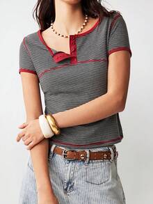 Bohemela Casual Knit Partial Zip-Up Short Sleeve Fitted Women T-Shirt - Grey - View 1