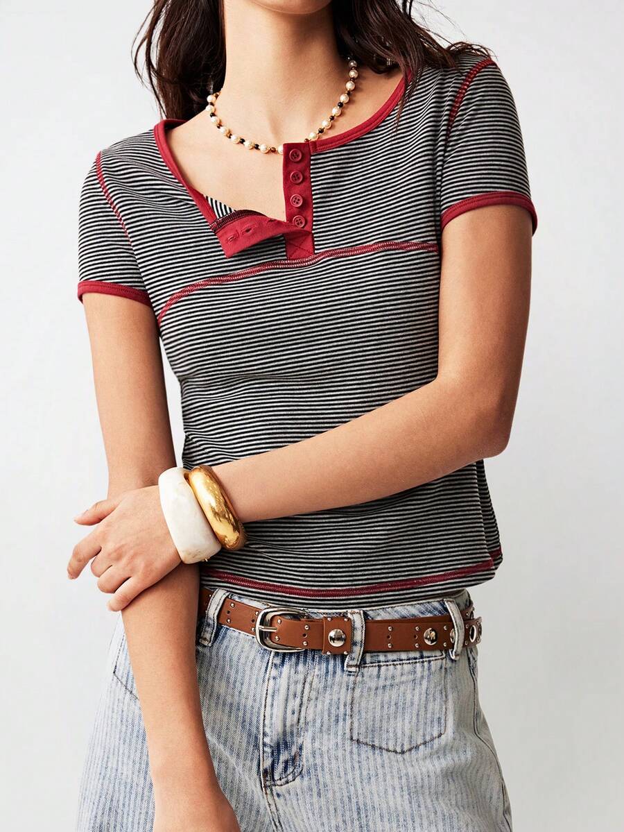 Bohemela Casual Knit Partial Zip-Up Short Sleeve Fitted Women T-Shirt - Grey - View 1