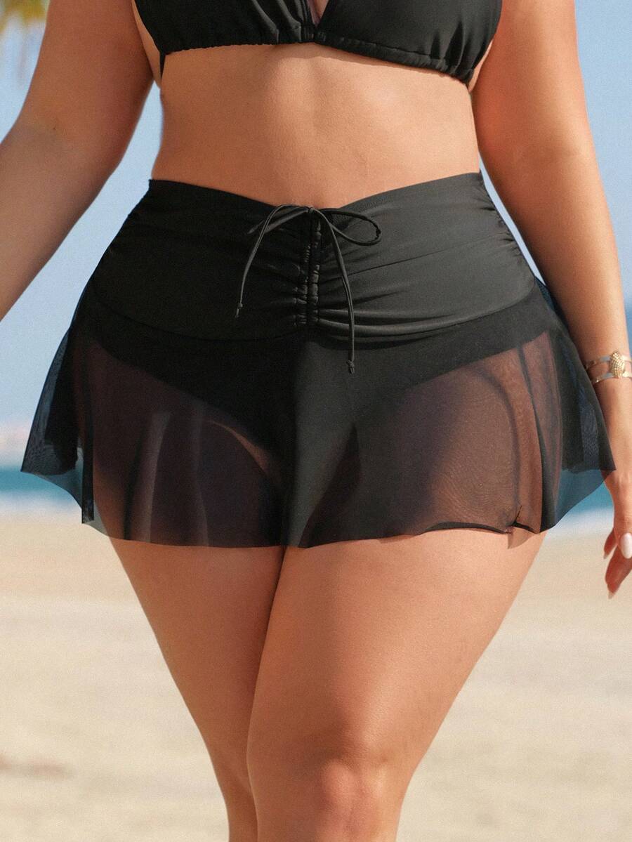 Swim Lushoire Bộ bikini cỡ lớn dành cho nữ đi nghỉ mát, gồm quần bikini tam giác có dây rút và váy lưới. - màu đen - Xem 1