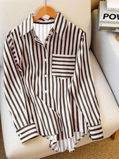 Franclia Camisa de mujer de manga larga con bolsillo, estampado de rayas y parches, adecuada para el trabajo y el uso diario, primavera/otoño