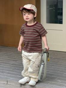 DAZY Toddler Boys' Round Neck Striped Korean Style T-Shirt, Spring/Summer - Coffee Brown - View 9