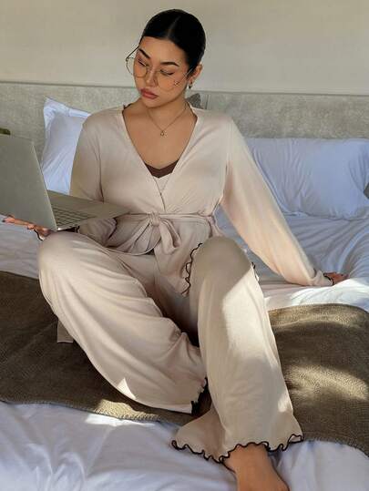 Dazy Plus 3pcs Casual Solid Color Camisole, Cardigan, And Drawstring Long Pants Sleepwear Set, Plus Size Women, Spring/Autumn