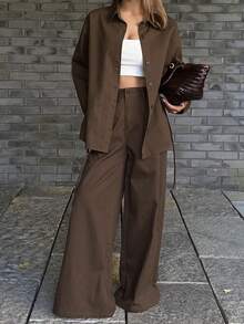 DAZY Women's Collared Side Tie Shirt And Loose Wide Leg Jeans Casual 2-Piece Suit