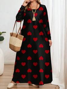 EMERY ROSE Đầm dài tay cổ tròn cỡ lớn in hình trái tim đỏ cổ điển, thích hợp cho ngày Valentine. - Nhiều màu - Xem 4