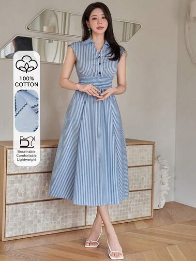 DAZY Women's Elegant Striped Sleeveless Shirt Dress, Mid-Length Sundress