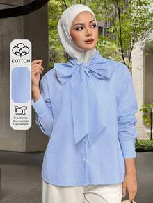 DAZY Women's Elegant Striped Tie Neck Blouse, Spring/Summer - Blue - View 1