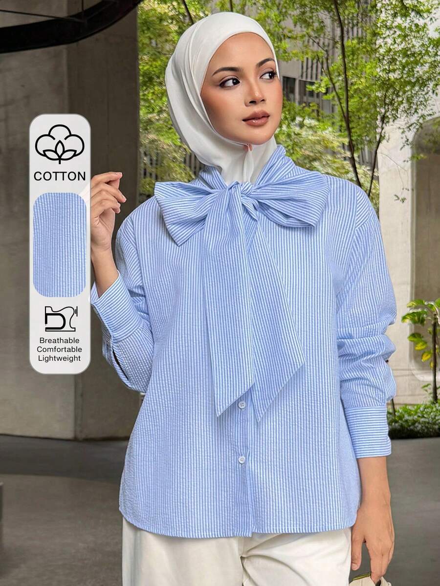 DAZY Women's Elegant Striped Tie Neck Blouse, Spring/Summer - Blue - View 1