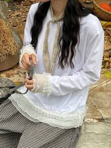 FRIFUL 女士纯色圆领长袖T恤，荷叶边下摆和袖口装饰，宽松休闲百搭，秋冬款 - 白色 - 查看 6