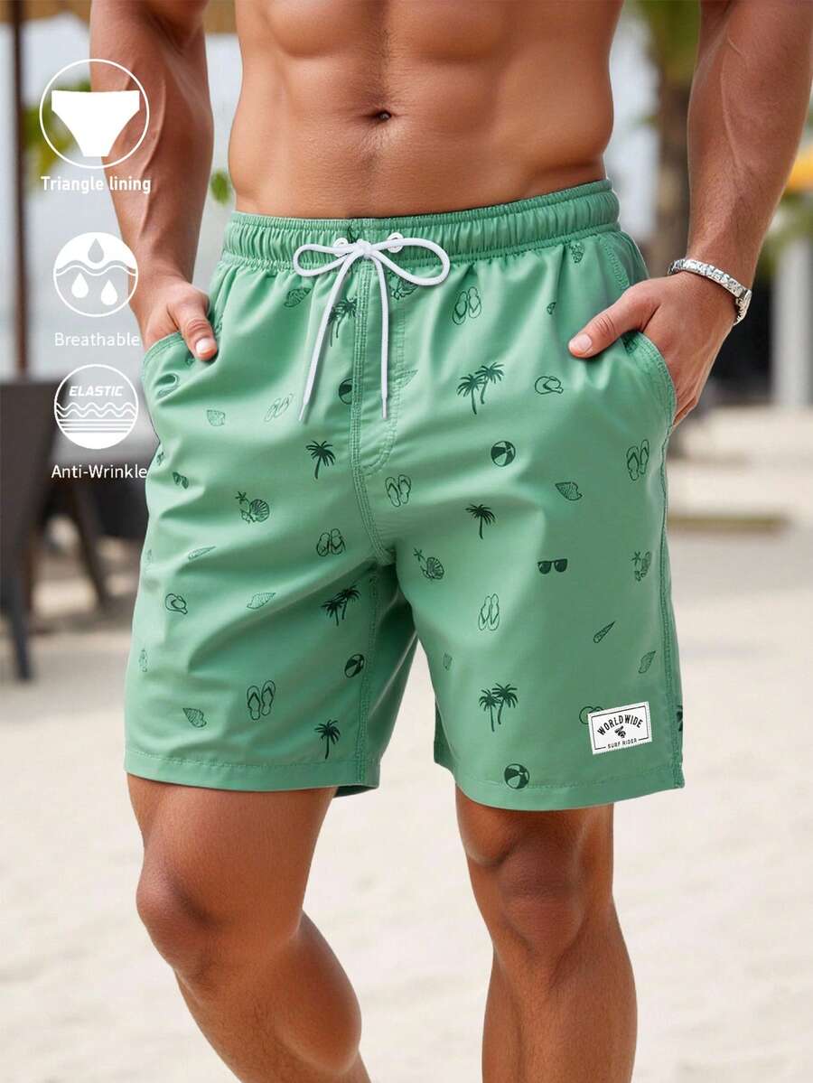 ZELFYO Pantalones cortos de playa casuales con cordón y estampado de vacaciones para hombres - Verde - Ver 1