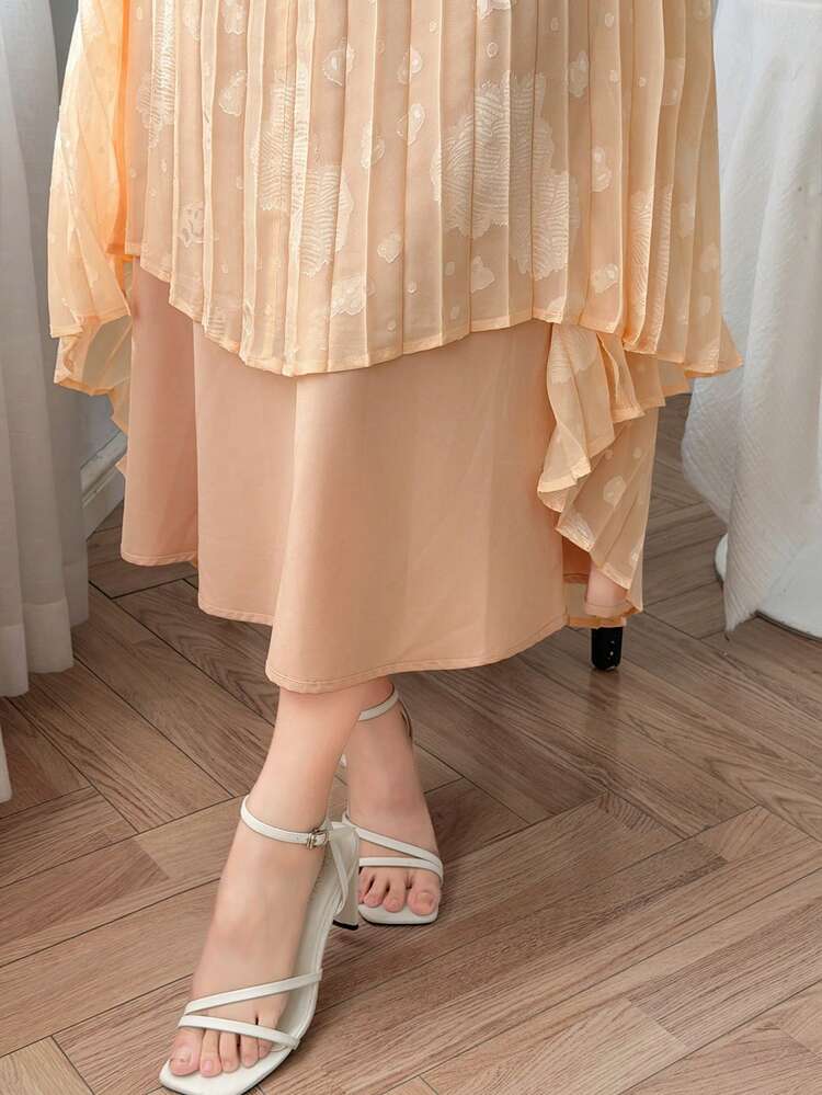 Floral Jacquard Pleated Fabric Fitted Waist Oblique Collar V-Neck Long Sleeve Elegant Resort Party Dress For Women, Spring/Autumn Sundress