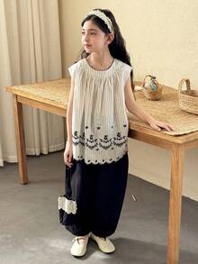 DAZY 2pcs/Set Tween Girls Embroidered Top & Casual Pants Outfit, Fashionable Suit - Multicolor - View 1