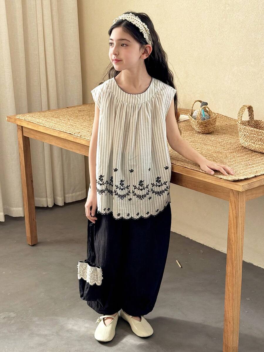 DAZY 2pcs/Set Tween Girls Embroidered Top & Casual Pants Outfit, Fashionable Suit - Multicolor - View 1