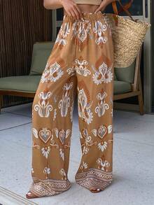 DAZY Floral Print Loose Wide Leg Pants, Casual Vacation Wear For Women, Spring/Autumn Boho Beach Tie Dye - Brown - View 3