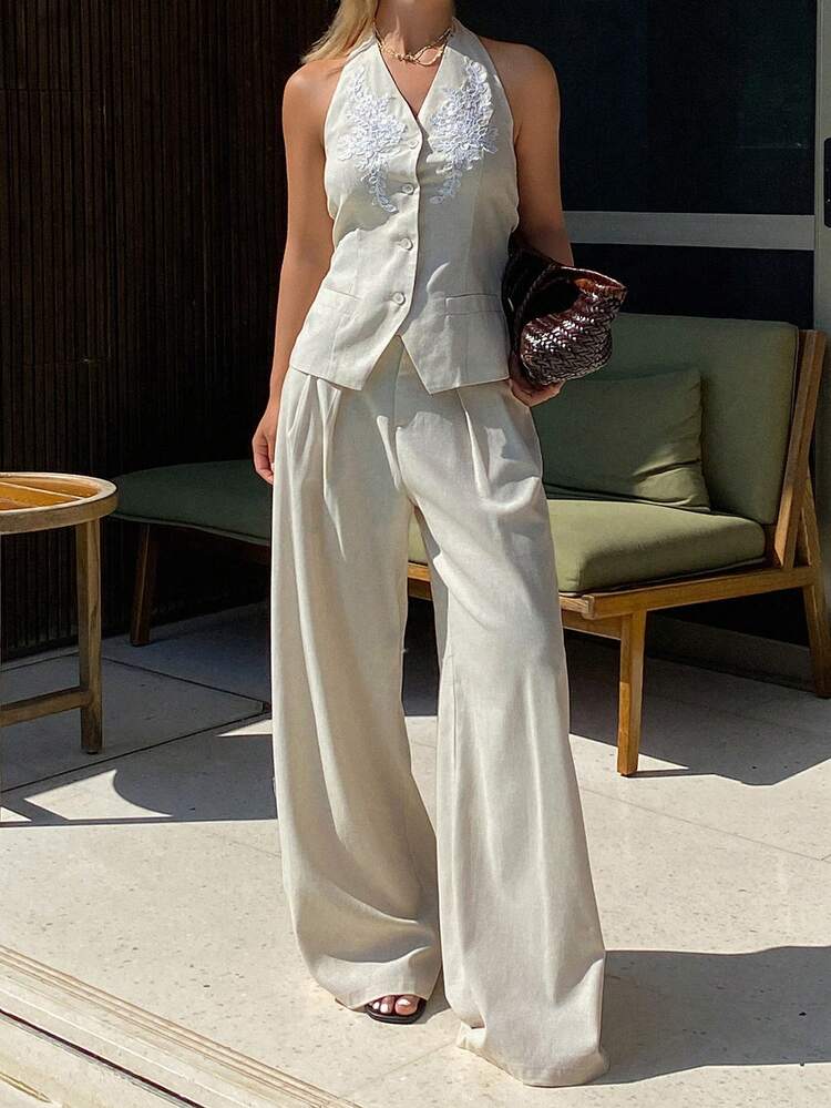 2pcs Women Elegant Plant Print Halter Backless Jacket Top And Wide Leg Pants Suit, Vacation Wear Spring/Autumn