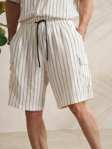 Airaco Men's Drawstring Waist Striped Cargo Pocket Casual Shorts - White - View 1