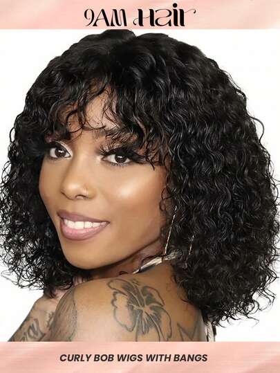 8-12英寸真人发假发，带刘海，女士无胶短卷水波波头假发，真人发带刘海，无蕾丝波浪刘海假发，自然黑色