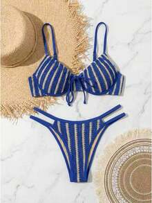 Swim Mod Elegant Women's Blue & Beige Striped Soft Breathable 3D Textured Crochet Knit 2 Pieces Bikini Set, 2026 Artisanal Crochet Lace Textured Striped Beachwear, Front Tie Triangle Bikini Top With Thin Adjustable Spaghetti Straps, Cutout High Leg Cheeky Bikini Bottoms, Boho Stretch Woven Swimwear For Summer Vacation Pool Party - Blue - View 7