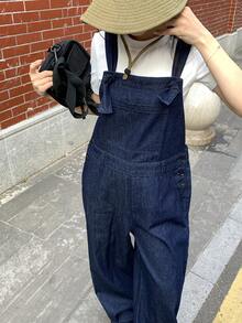 Livesso Women's Solid Color Square Neck Loose Fashion Versatile Denim Jumpsuit - Dark Wash - View 2