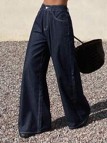 Livesso High Waist Casual Solid Color Women's Fashion Belt Loop Loose Fit Jeans - Dark Wash - View 7