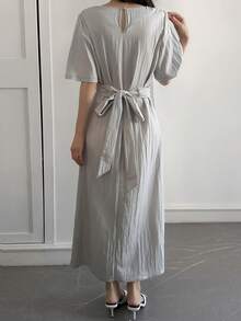 Livesso Đầm midi cổ tròn tối giản màu trơn dành cho nữ, đầm mùa hè mặc thường ngày thoải mái. - Xám - Xem 2