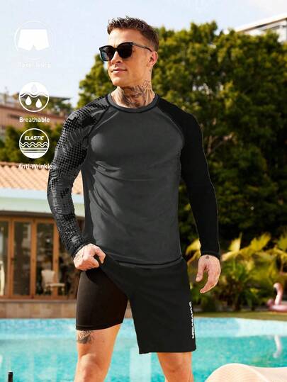 Manfinity Swimmode Men's Crew Neck Raglan Sleeve Casual Color Block 2 Pieces Set