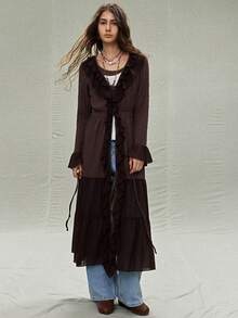 SoleilVie 女士休闲荷叶边领雪纺拼接针织长袖连衣裙 - 棕色 - 查看 3