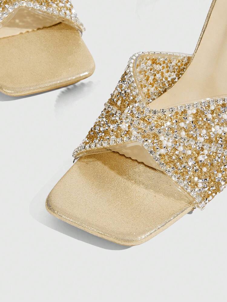 CUCCOO TILAWA Women Shoes Fashion Square Toe Slender Heel Orange Full Diamond Rhinestone Open Toe Transparent Film Full Diamond Slip-On With Skirt Fashion Gorgeous Sexy Party Ladies High Heel Sandals