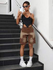 SHEIN PETITE 女士休闲街头水洗毛边牛仔短裤，夏季 - 咖啡棕 - 查看 4