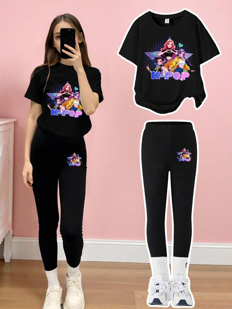 2pcs/Set KPOP Graphic Print Top, Tween Girl Crew Neck Sweatshirt And Leggings Set, Fashionable Casual, Suitable For Autumn/Winter - Black - View 1