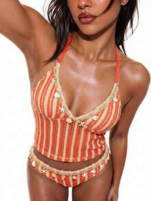 Swim Chiccia 女士夏季沙滩条纹吊带性感坦克背心泳装套装 - 橘色 - 查看 10