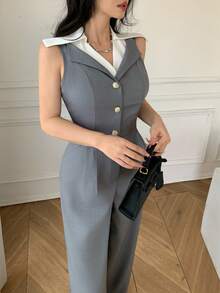 Celisse 女士休闲连体裤，适合办公室、通勤穿着，翻领，无袖，收腰，阔腿设计，适合春、夏、秋季穿着。 - 灰色 - 查看 8