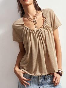 Bohemela 女士夏季休闲舒适度假复古波西米亚音乐节燕麦色针织串珠褶皱小众设计宽松圆领T恤，Fasching服装 - 杏色 - 查看 9