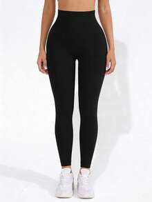 Easithlete 1件装女士纯黑色无缝针织高腰弹力收腹打底裤 - 黑色 - 查看 4