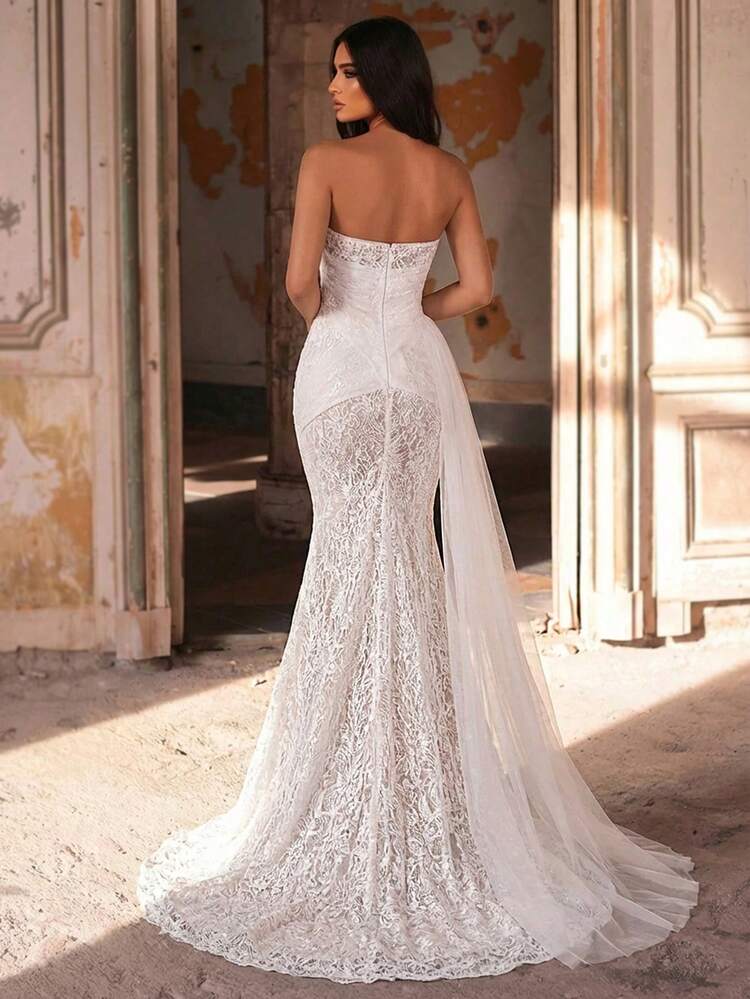 Elegant White Luxurious Faux Pearl Lace Sequin Strapless Gown With Unique Front Panel, Draped Side Cascading Ruffles, Fishtail Hem, Suitable For All Formal Occasions, Weddings, Bridal Gown, Valentine's Day - White - View 3