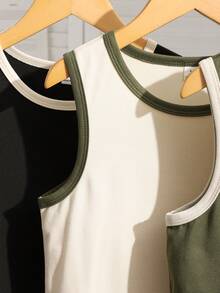 SHEIN 3pcs/Set Girls' Casual Solid Color Round Neck Contrast Trim Fitted Camisole, Suitable For Travel, Vacation, Beach And Outdoor Wear, Spring/Summer - Multicolor - View 5