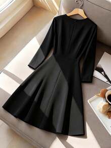 SHEIN Clasi Plus Size Women's Round Neck Elegant Beaded Long Sleeve A-Line Dress - Black - View 2