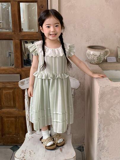DAZY Toddler Girls' Lace Patchwork Casual Chic Cute Korean Style Sleeveless Linen Comfortable Dress
